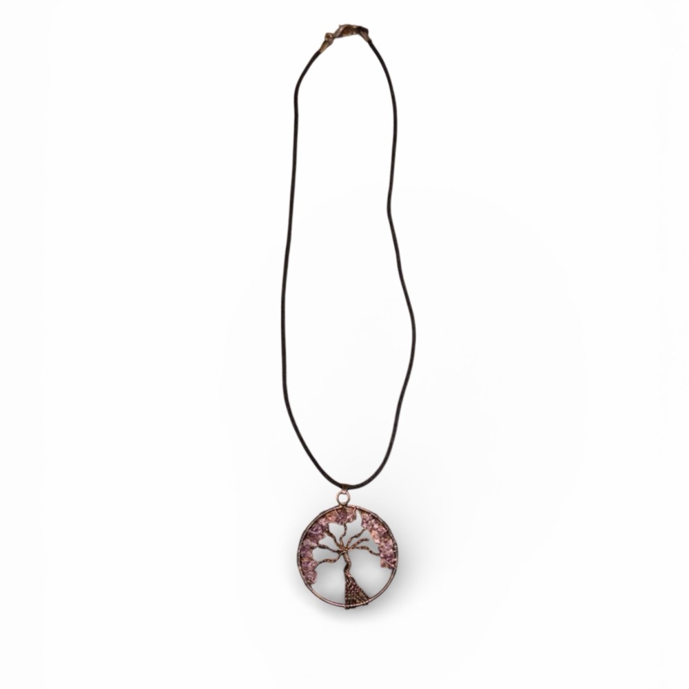 Tree of Life Black Cord Necklace with Purple Stones